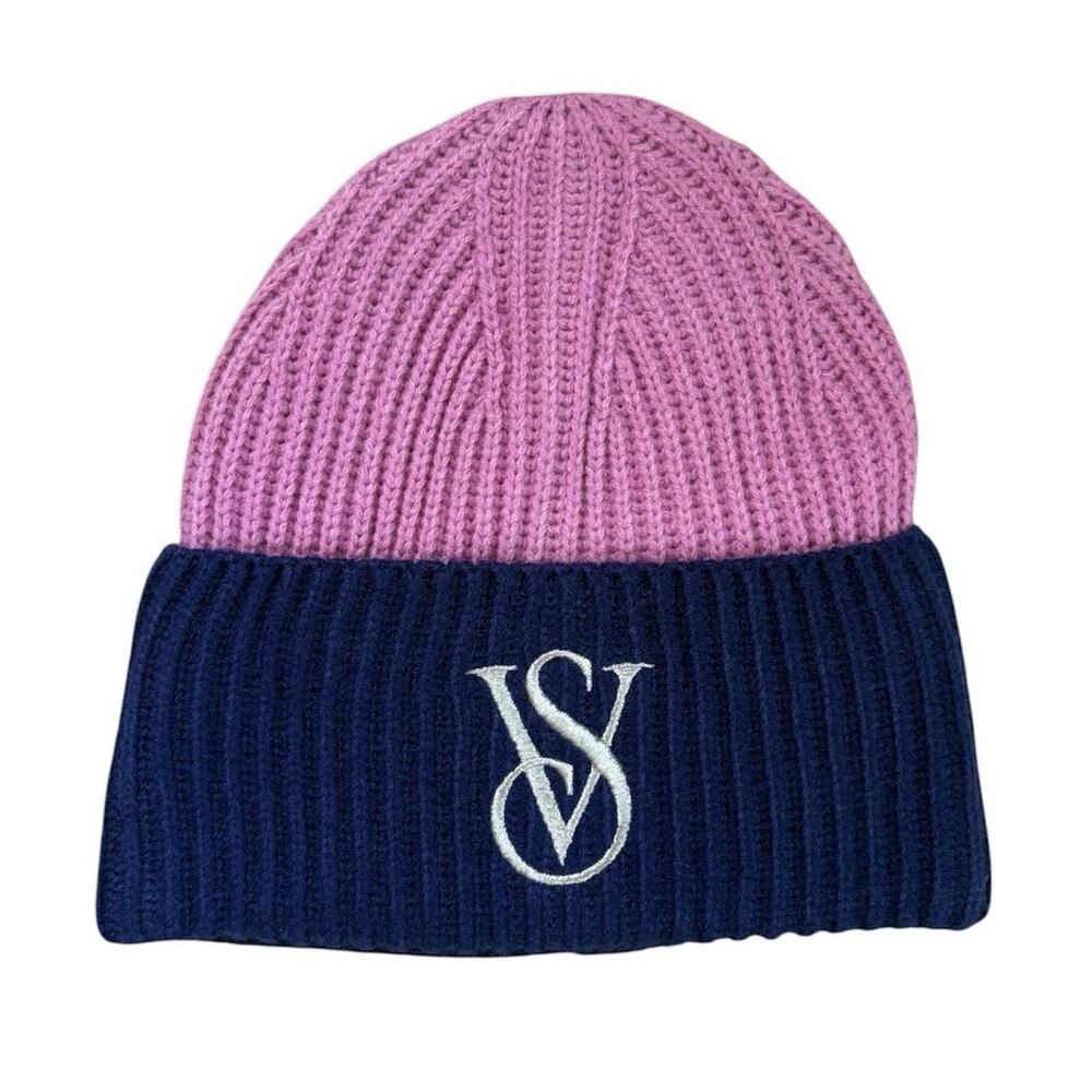 Victoria's Secret OSFA Women's Pink Blue Knit Colorblock Beanie Hat Warm Cozy